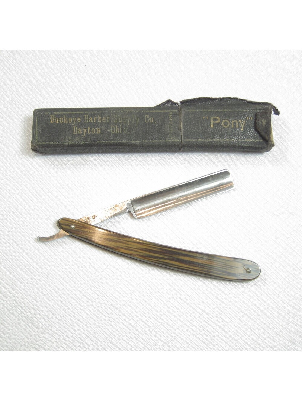 Antique Alwin Straight Razor Ontario Cutlery Co. Geneva NY with Pony Coffin Box